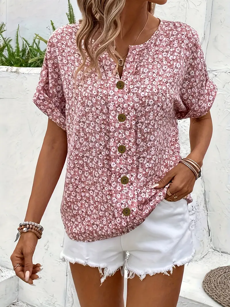 Blus dam, blommönstrad — chic med knappdetaljer i linne - Bild 4