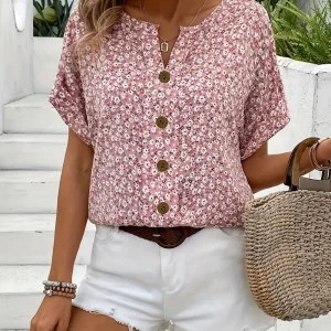 Blus dam, blommönstrad — chic med knappdetaljer i linne