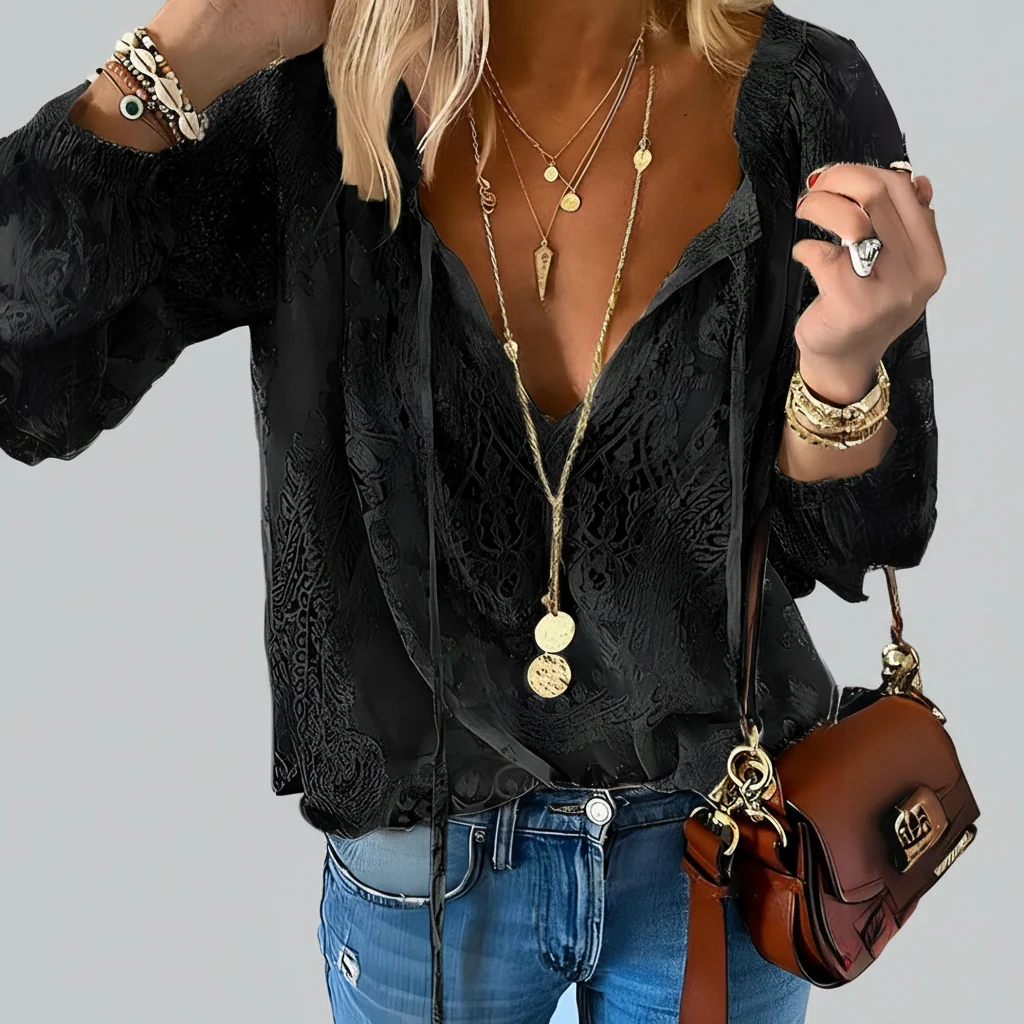 Blus dam, boho — v-ringning och spetsdetaljer i linne - Bild 4