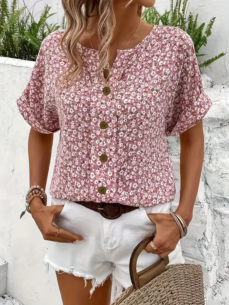 Blus dam, blommönstrad — chic med knappdetaljer i linne - Bild 5