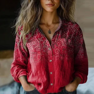 Blus dam, bohemisk — blommönstrad vintage med krage och knappslå
