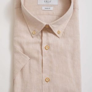 Beige Kortärmad Linneskjorta Button Down
