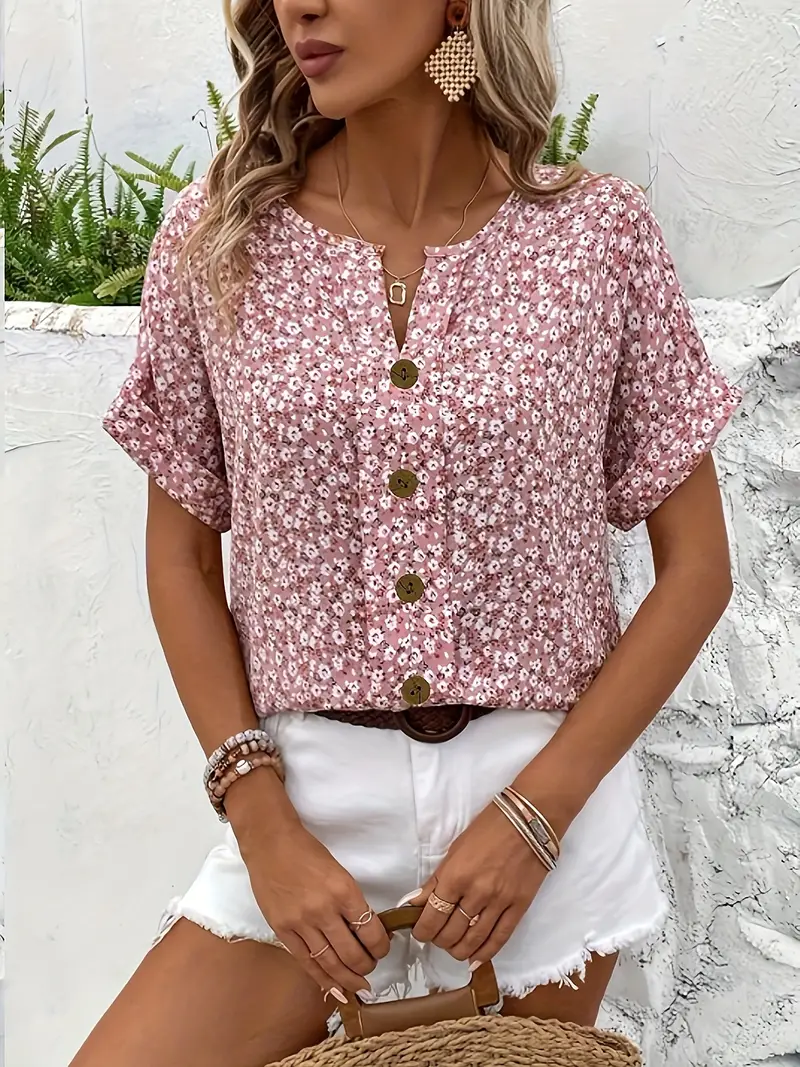 Blus dam, blommönstrad — chic med knappdetaljer i linne - Bild 6