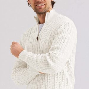 Vit kabelstickad tröja half zip