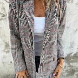 Blazer dam, rutig — elegant kavaj i linne för höst och vinter