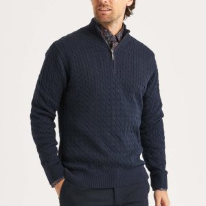Marinblå kabelstickad tröja half zip