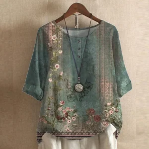 Blus dam, vintage — blommönstrad kortärmad sommarblus med rundad hals
